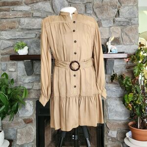 Banana Republic Khaki Silky Belted Flounce Hem Puff Sleeve Shirtdress NWT Size M